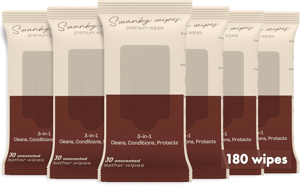 Swanky Leather Wipes - Leather Cleaner and Conditioner for Purses, Shoes, Furniture Polish & Car Seats, Prevents Fading & Cracking, Restores Softness & Shine - Soft Wipes, 180 Count