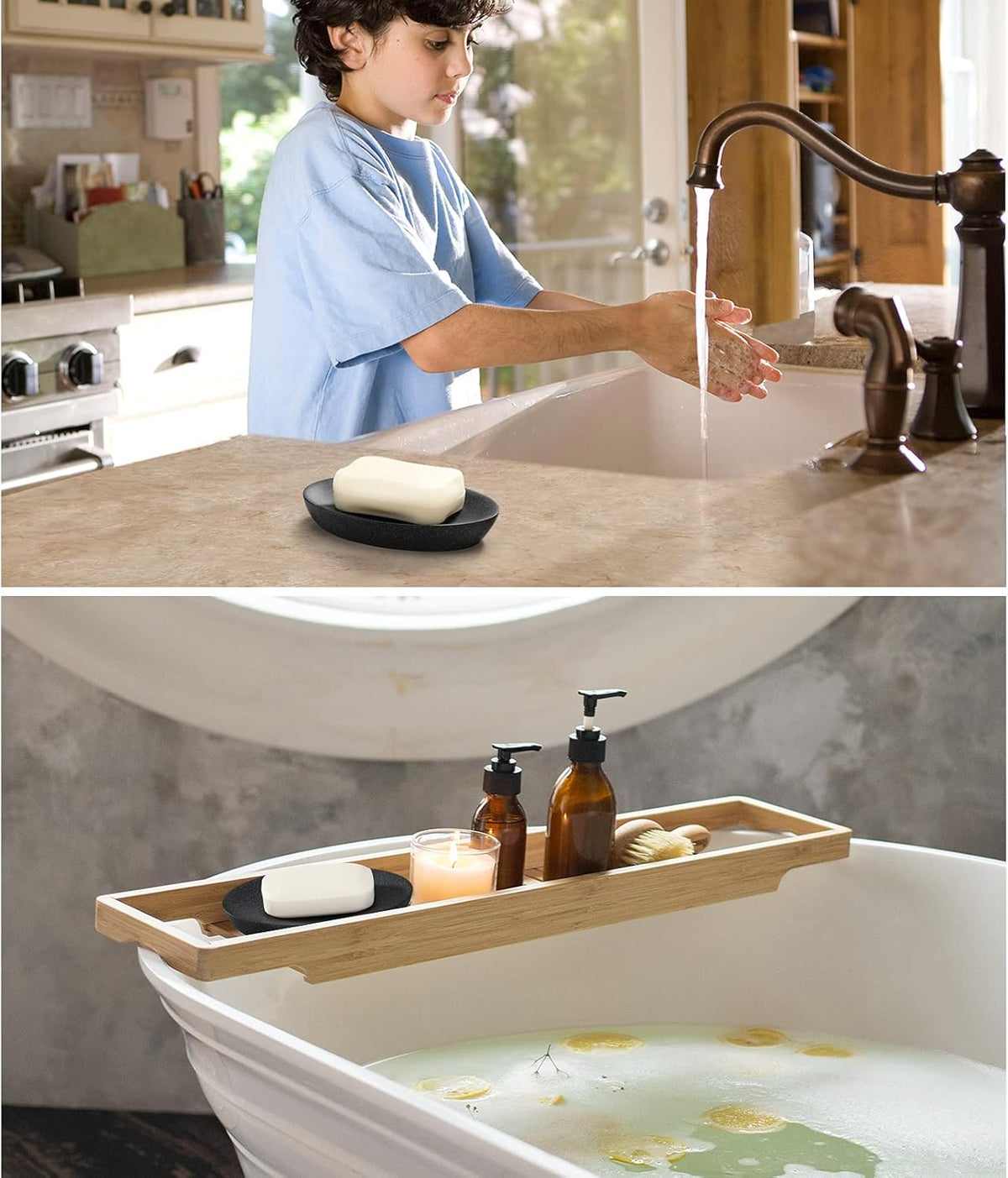 Luxspire Soap Dish, Resin Soap Tray Soap Holder Container Box, Marble Pattern Oval Soap Plate Case, Sponge Dish Scrubbers Tray Holder for Bathroom Vanity Shower Kitchen Sink Counter Top, Gravel Black