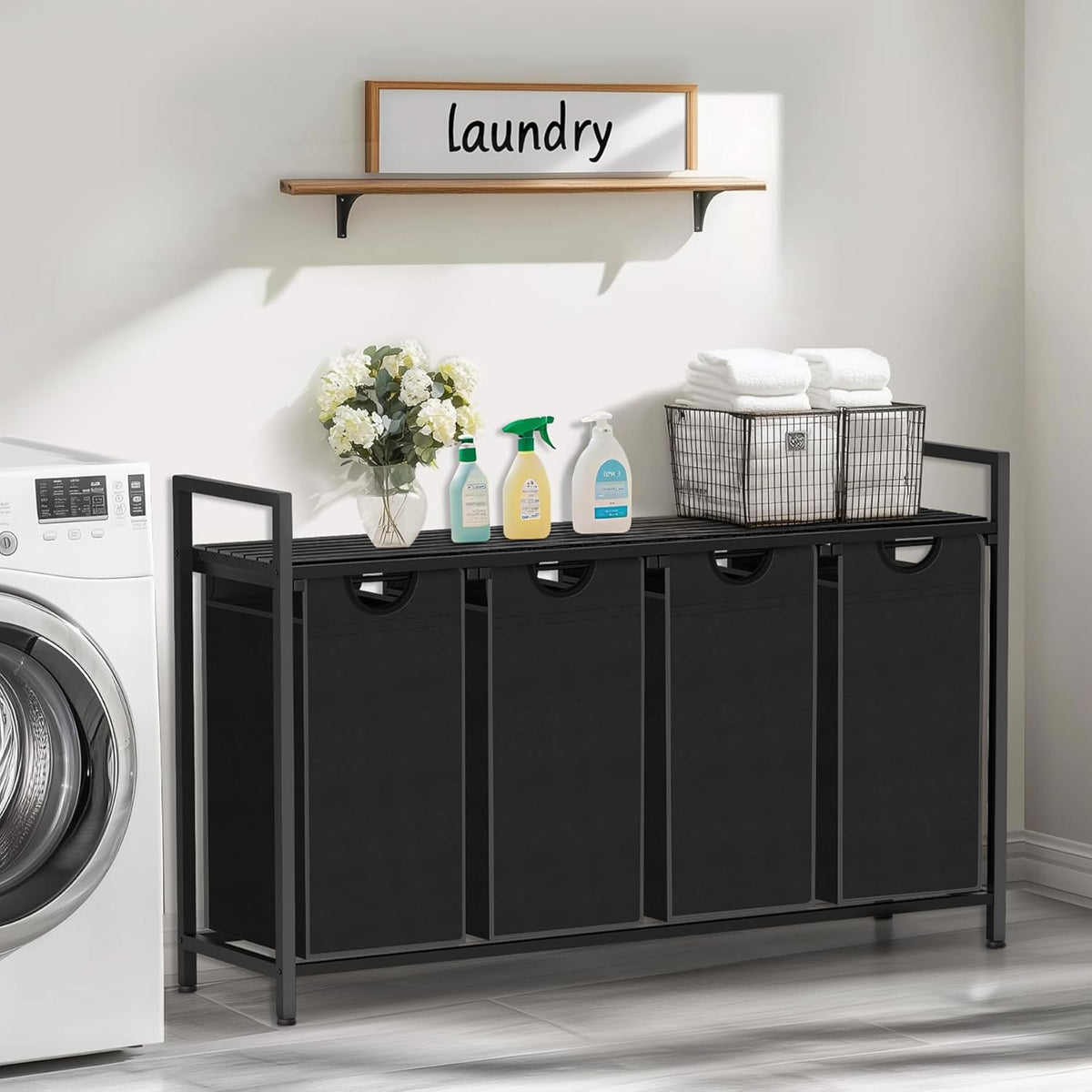 Laundry Hamper, Laundry Sorter with 4 Pull-Out Removable Oxford Fabric Bags Cloth Laundry Basket 4 x 10 Gallons (Charcoal Black)