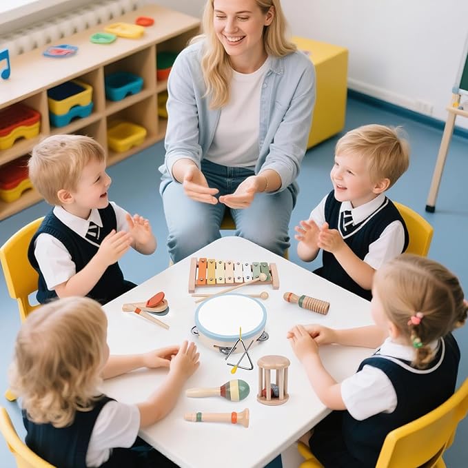 Baby Musical Instruments Set, Montessori Wooden Toys for Toddlers 3+, Neutral Colors Percussion Instruments with Xylophone, Maracas & Tambourine for Kids Preschool Educational and Birthday Gifts