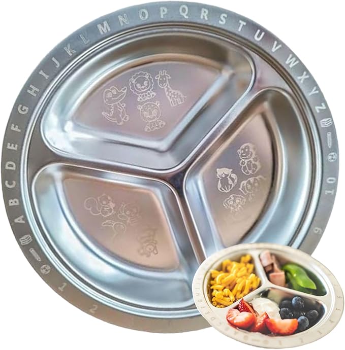 Stainless Steel Plates for Kids, Toddler Plate, Non Toxic Baby Dinnerware, BPA-Free Feeding Tray, Durable, Easy to Clean, Compatible with Dishwasher, Freezer, Microwave