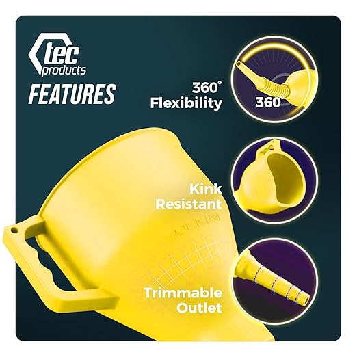 TEC Products FlexAll Long Flexible Funnels - Automotive Oil Funnel with Hose, Durable Nitrile Rubber for Oil Change, Transmission Funnel Fluid, Diesel, Fuel, Gas - Made in USA - Yellow (16 x 5 Inches)