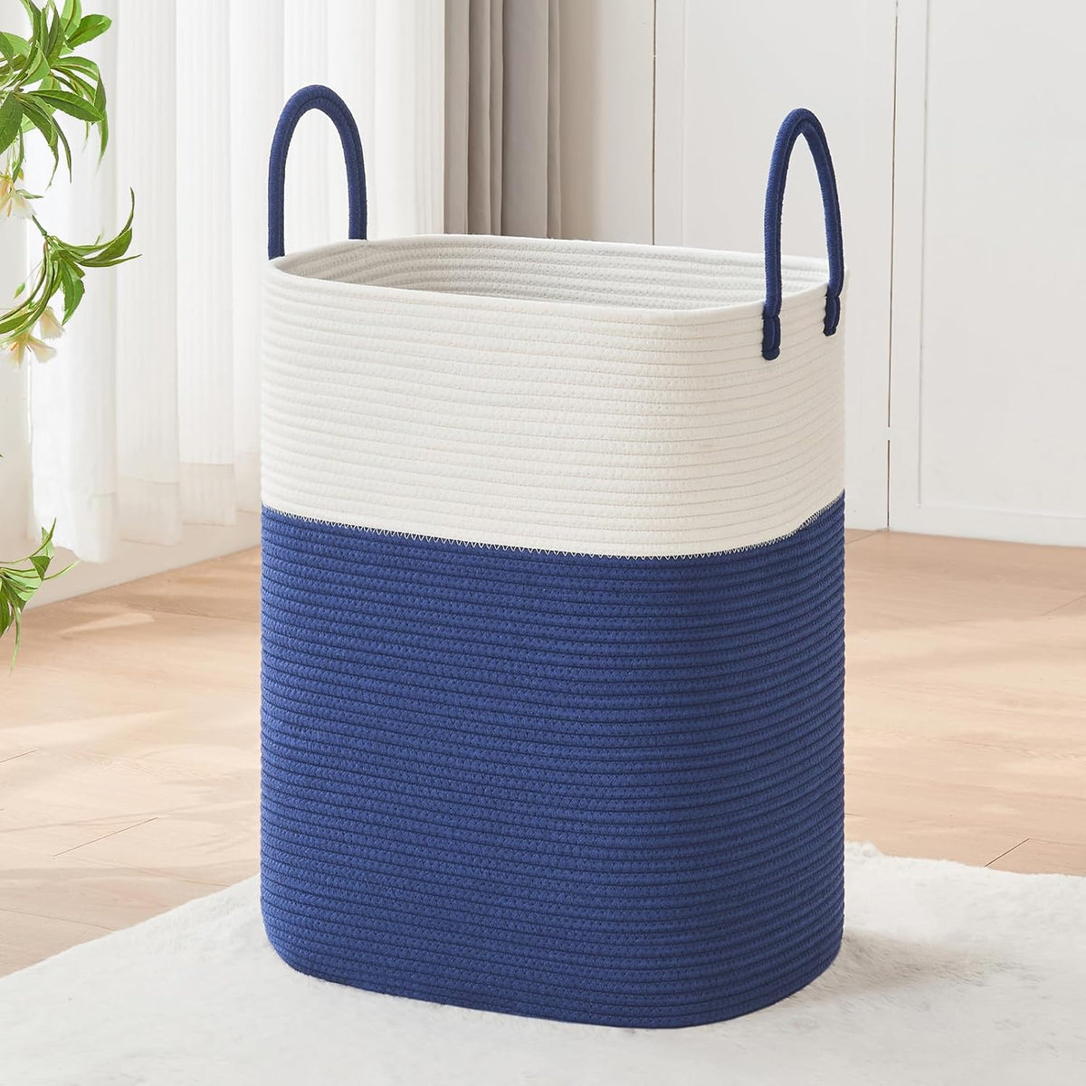 Laundry Basket with Handles - Blanket Basket & Hampers for Bedroom Aesthetic, Laundry Hamper & Blanket Storage for Living Room, Clothes Hamper, Tall, Large 17" x 14" x 23”, White & Dark Blue
