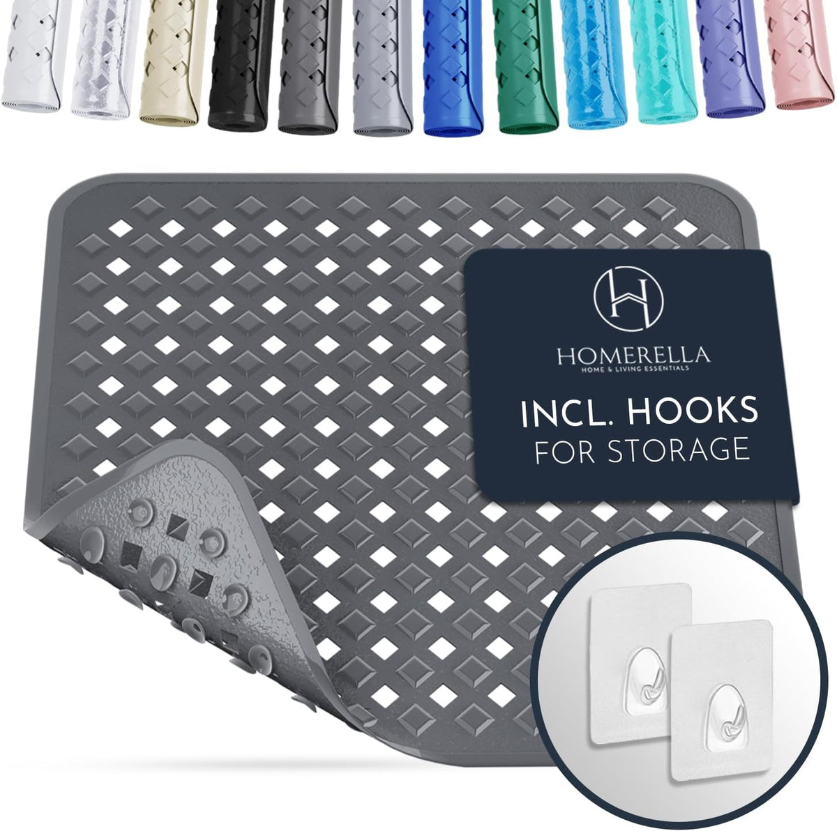 Homerella Anti Slip Shower Mat | Anti Mold Non Slip Bathtub Mat for Inside Shower | Square Floor Shower Mat 21 x 21 inch with Suction Cups for Grip & Hooks Hanging and Quick Drying | Machine Washable