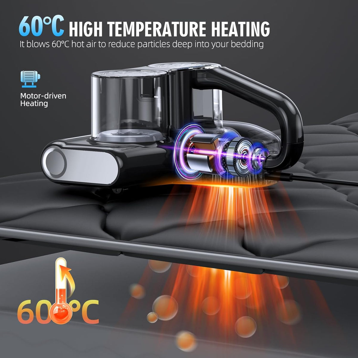 Mattress Vacuum Cleaner, 16Kpa Bed Vacuum Cleaner with 253.7nm UV-C Light & Heating & Ultrasonic Quintuple Tech & 30000 RPM/Min Brushroll Rotation, 500W, Corded