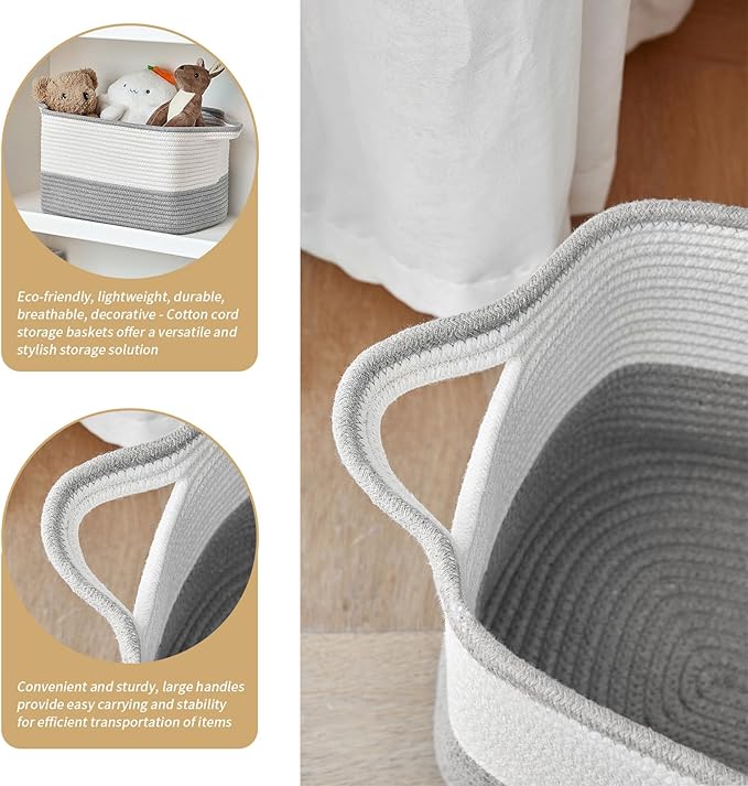 Cotton Rope Storage Basket Set of 3 (15"x10.2"x9.1") - Rectangle Storage Bins - Versatile Toy Storage Organizer - Perfect for Kids, Dog Toys, Books, Shelves - White & Grey
