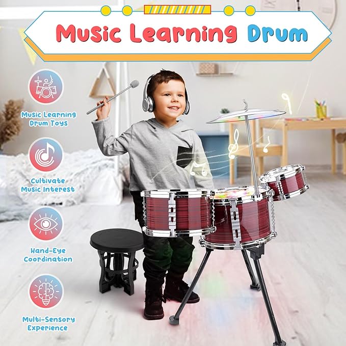 Upgraded Toddler Drum Set with Lights Kids Jazz Drum Kit, Musical Instrument Toys for Toddler 1-3 3-5 Boys Girls Christmas Birthday Gift