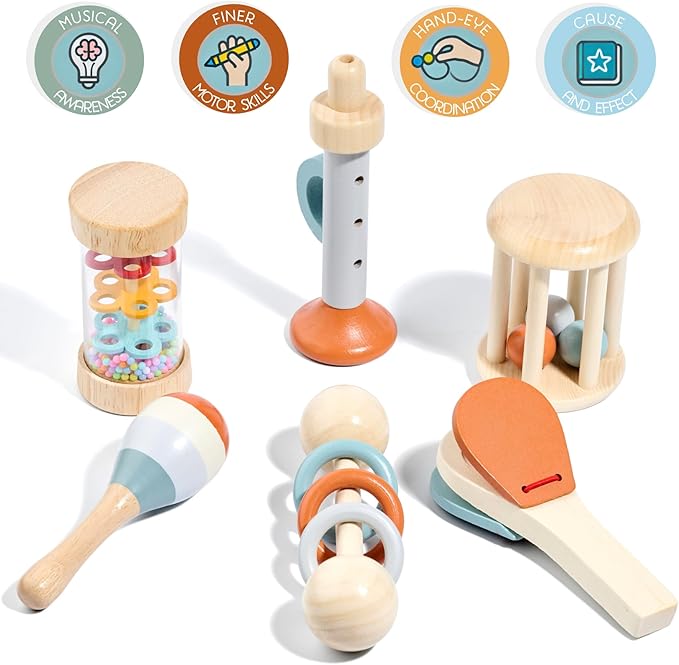 Montessori Mama Baby Rattle and Musical Set, 6 Piece Wooden Infant Toy