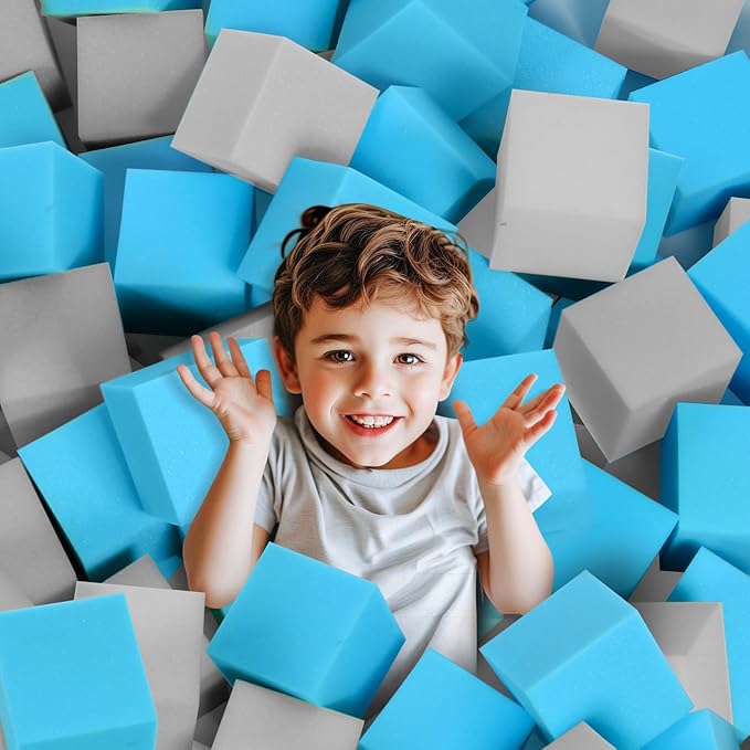 Foam Pit Cubes, 24 PCS 5 Inches Gymnastics Foam Blocks Trampoline Blocks, Multi-Sport Protective Padding for Gymnastics, Trampoline, Parkour, Skate Parks & BMX - Grey & Blue