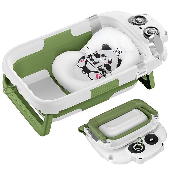 Foldable Baby Bathtub, Lightweight Bathtub for Infants to Toddlers with Soft Cushion & Thermometer, Portable Baby Tub Newborn to Toddler 0-36 Months(Green)