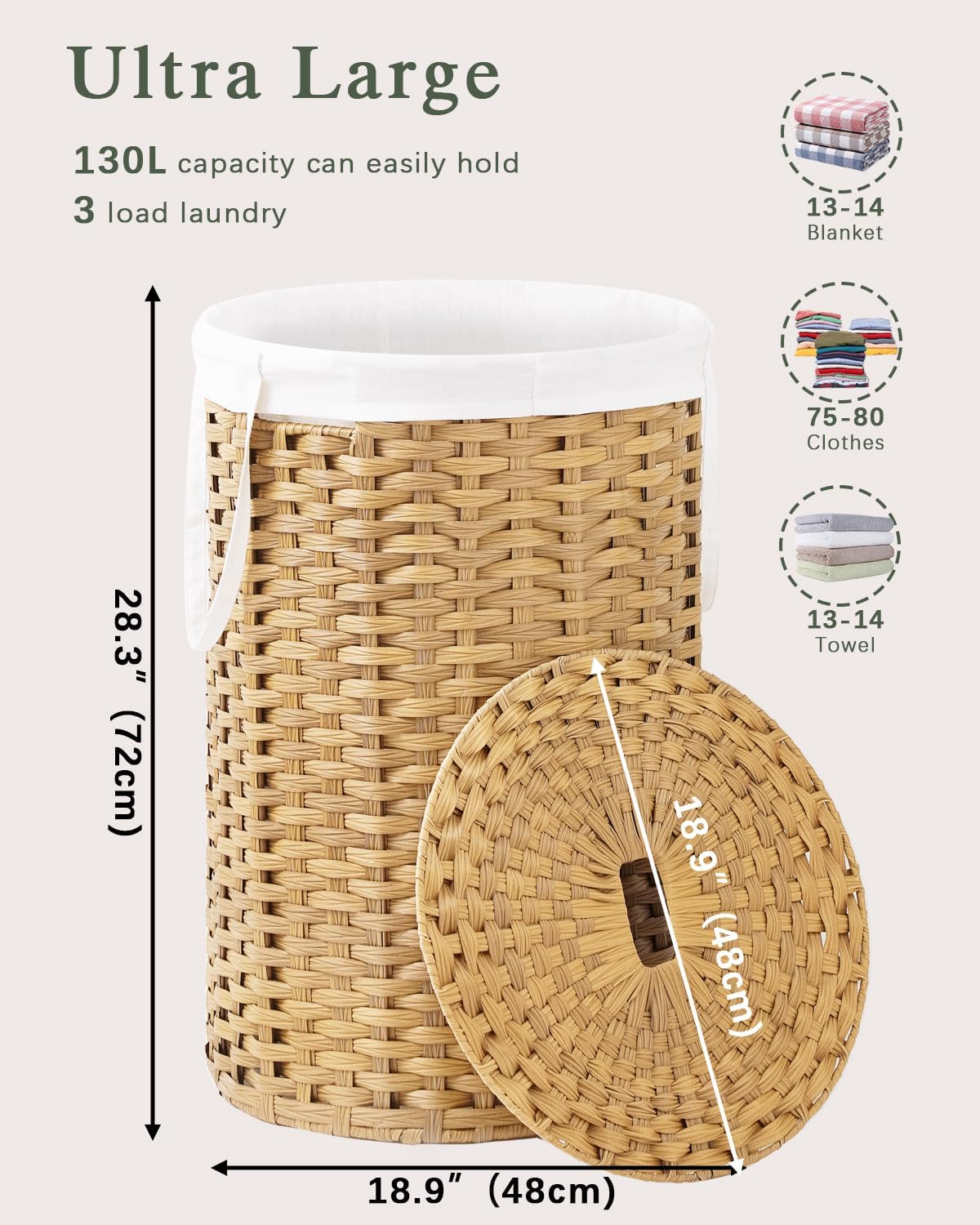 Large Laundry Hamper Laundry Basket Round 34.3 Gal (130 L) Handwoven Wicker Laundry Baskets Rattan Laundry Basket with Laundry Bag Handles 2 Mesh Bags for Living Room Bedroom Natural