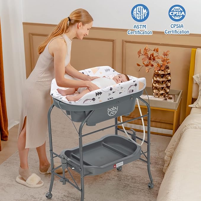 BABY JOY Baby Bathtub with Changing Table, Foldable Infant Diaper Changing Station with Storage Tray, Waterproof Pad, Portable Newborn Nursery Organizer Bath Stand with 4 Universal Wheels (Gray)