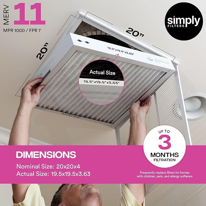 Simply 20x20x4 Air Filter, MERV 11, 6 Pack, Furnace Air Filter for HVAC (Actual Size:19.5"x19.5"x3.63") DUST, Pet, & Allergy Control