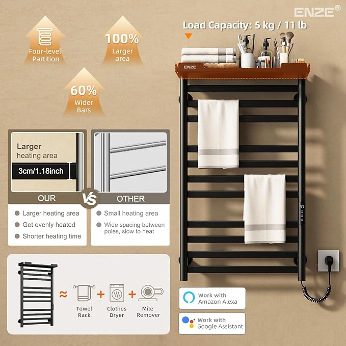 ENZE Heated Towel Rack with Shelf and Wi-Fi App Control, 11 Bars Electric Wall Mounted Towel Warmer with Timer & Adjustable Temperature, Low Carbon Steel, Plug-in/Hardwired, Matte Black