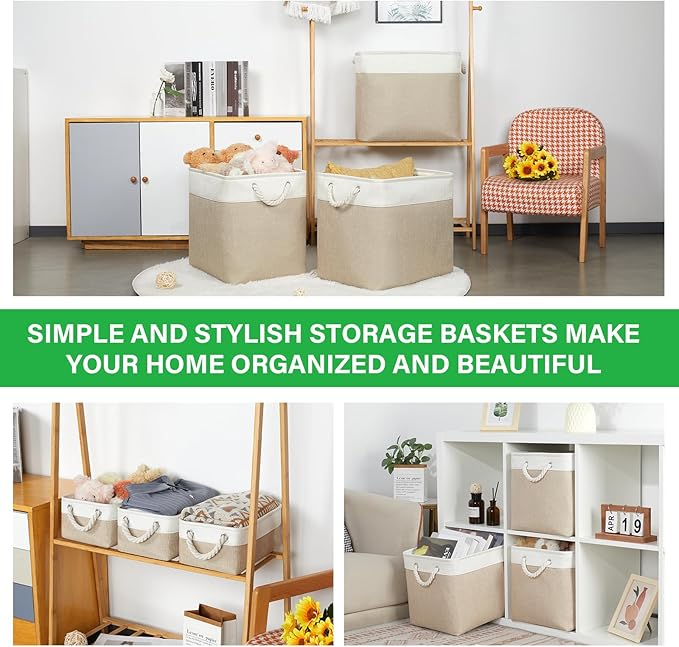 Bidtakay Extra Large Storage Baskets for Organizing 17x12x15.1 inch 3-Pack Fabric Closet Organizers Storage Bins with Handles Foldable Storage Baskets for Shelves Clothes XL-White&Beige