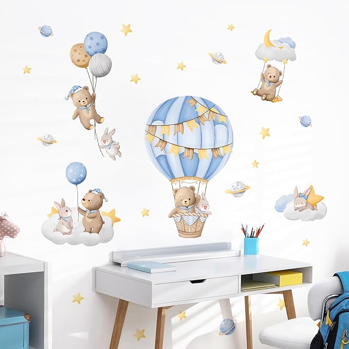 Tanlaby Blue Hot Air Balloon Wall Stickers Cartoon Bear Rabbit Stars Planets Wall Decals Peel and Stick Art Decor for Nursery Kids Bedroom Playroom Daycare Classroom