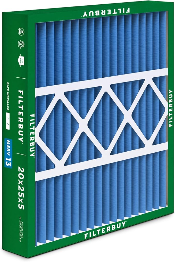 Filterbuy 20x25x5 Air Filter MERV 13 Optimal Smoke & Allergy Defense (1-Pack), Pleated HVAC AC Furnace Filters for Honeywell FC100A1037, Lennox X6673, and More (Actual Size: 19.88 x 24.75 x 4.38)