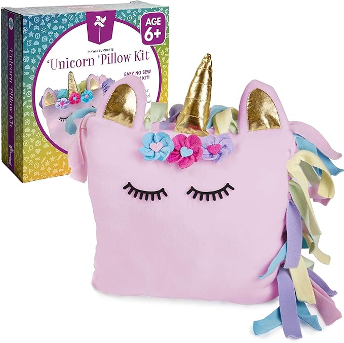 Pinwheel Crafts Unicorn Pillow Kit - DIY Arts and Crafts for Kids Ages 6 7 8-12+ Years, No Sewing Kit for Kids, Unicorn Pink Pillow Craft Kits for Birthday, Christmas Gifts for Girls