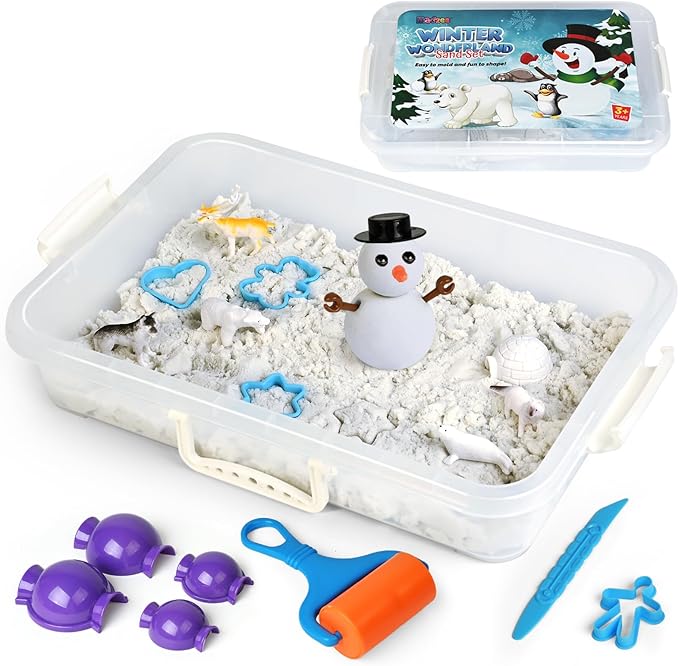 Winter Wonderland Snow Sand Playset, Creativity Toy Sensory Bin with Arctic Animal Figures, 2 Lbs of Sand and Snowman Molds for Boy Girl Kid Toddlers Age 3-8