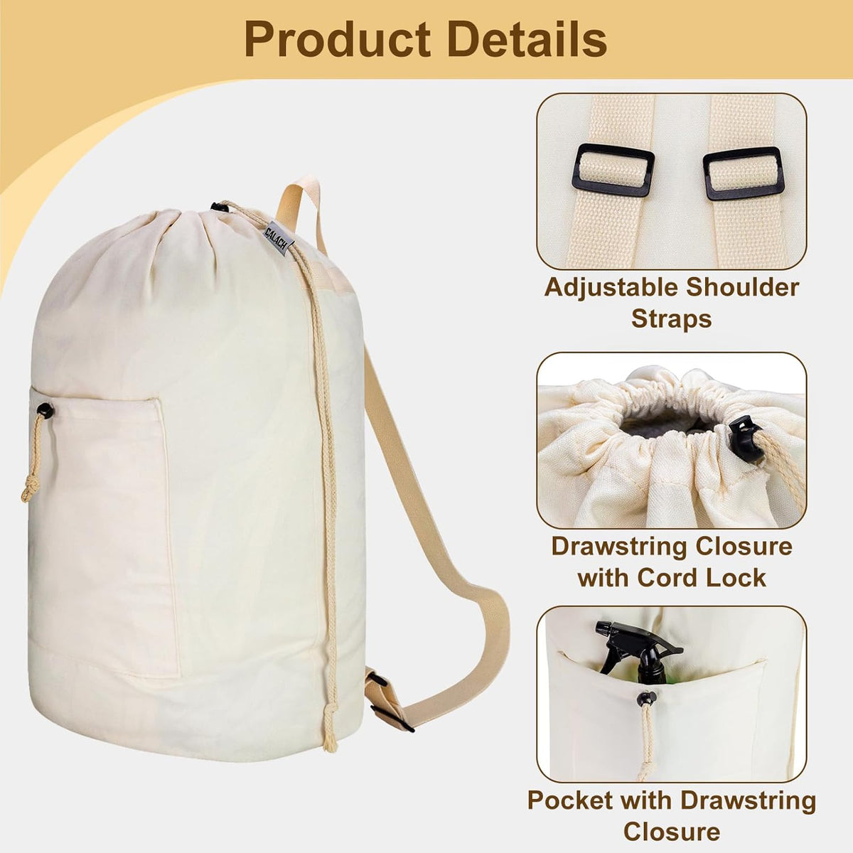 Laundry Bag Backpack, Canvas Laundry Bag with Straps & Drawstring Closure Washable Dirty Cloth Hamper Bag with Large Front Pocket for College, Travel, Laundromat, Camping (2 Pack)