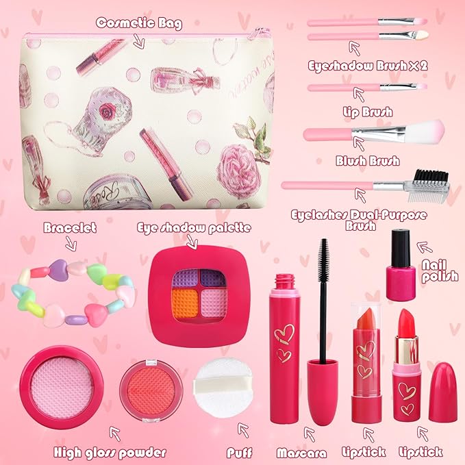 Girl Gifts Basic Pretend Makeup for Little Girls 3-5, Play Makeup for Kids 3-5, Fake Makeup Set Toys for 3 4 5 6 7 Year Old Girls, Toddler Makeup Kit with Fake Make up Toys Gifts