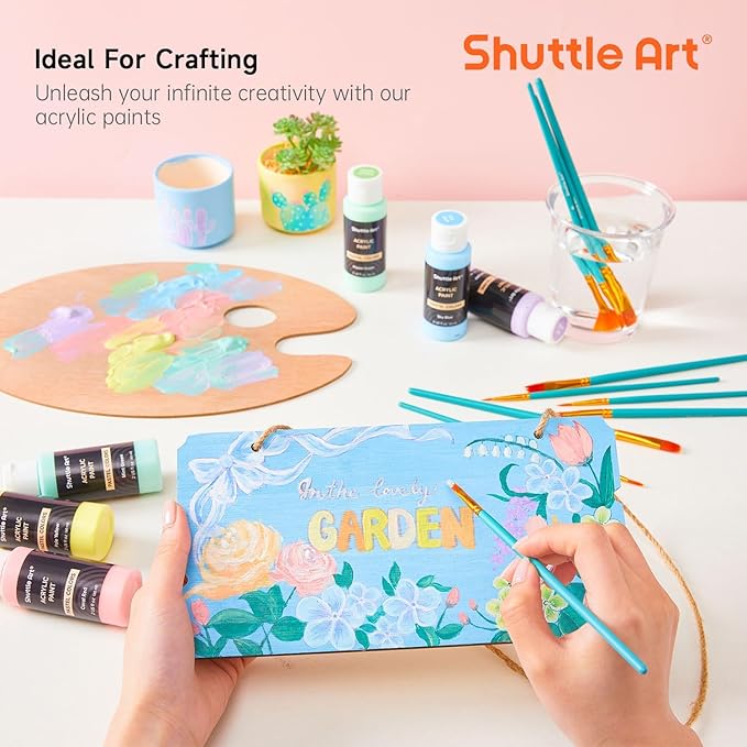 Shuttle Art 40 Pack Pastel Acrylic Paint Set, 30 Colors, 60ml/2oz Bottles, High Viscosity, Water-proof With 10 Paint Brushes for Painting &Crafting on Canvas, Rock, Ceramic, Fabric, Clay