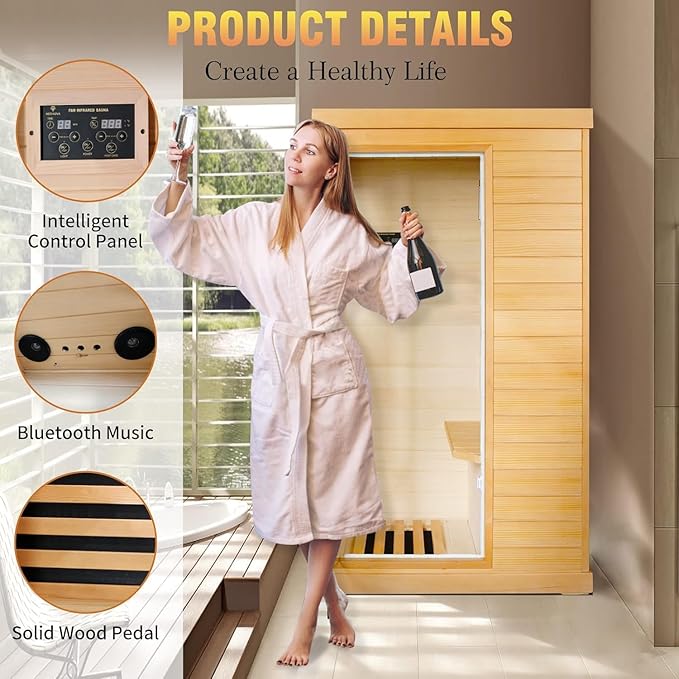 Far Infrared Sauna Home Sauna Spa Room Canadian Hemlock Wood 800W Indoor Saunas Low EMF 110V with Control Panel and Tempered Glass Door, Room: 35.2 * 27.6 * 61.6Inch