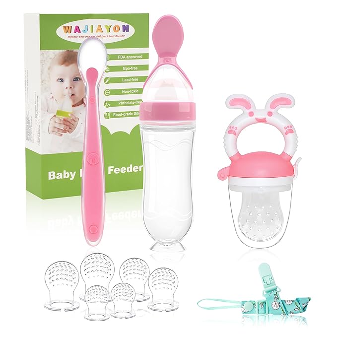 WAJIAYON Baby Fruit Feeder Pacifier | Infant Food Feeder Pacifier & Baby Food Dispensing Spoon | Mesh Fresh Fruit Teethers for Babies | Infant Teething Feeders Shower Gifts for Boys and Girls(Blush)