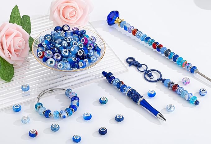 LAIDANLA Blue Mix Large Hole Beads，100pcs 15mm European Large Hole Beads Bulk for Bracelet Pens Jewelry Making Spacer Charms Craft Beads Decoration