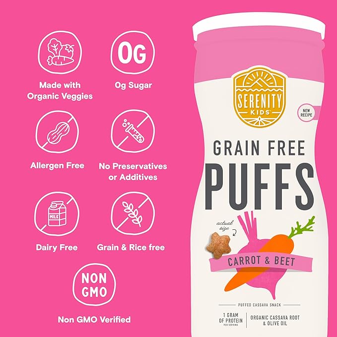 Serenity Kids 6+ Month Grain-Free Baby Veggie Puffs - No Added Sugar - Gluten-, Rice-, Dairy- & Soy-Free - Organic Cassava, Carrot & Beet - Portable Toddler Snacks - 1.5 Oz, 6 Pack
