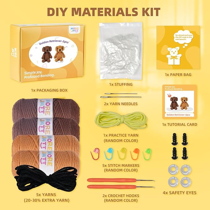 MOREJMTT Crochet Kit for Beginners, Learn to Crochet, Include Easy Knitting Soft Yarn, Step-by-Step Video Tutorial, Hook, Holiday Birthday Gift for Adults and Kids(2 Pack Golden Retriever)