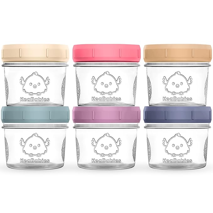 KeaBabies 6pk 4oz Glass Baby Food Containers with Lids - Leak-Proof, Microwavable Small Glass Jars, Baby Purees & Toddler Snack Storage Containers, BPA-Free, Dishwasher & Freezer Safe (Sunset)