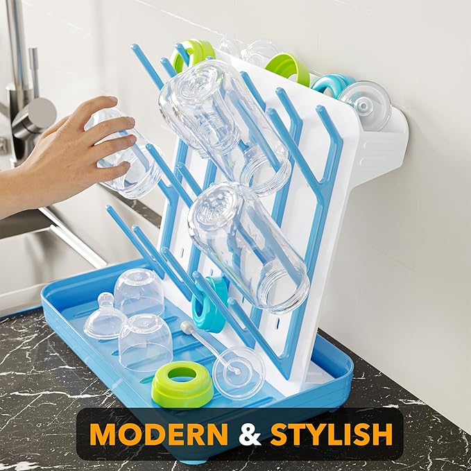 SpaceAid Baby Bottle Drying Rack with 20 Hooks, Space Saving Kitchen Bottles Rack Dryer, Vertical Baby Bottle Holder Organizer for Countertop Storage Accessories (White and Blue)