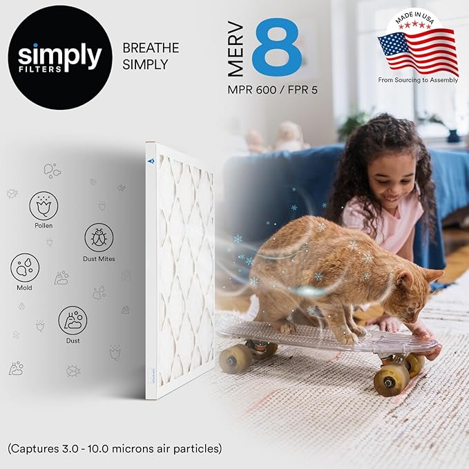 Simply 20x30x1 Air Filter, Merv 8, 6 Pack, For Home AC Furnace & HVAC (Actual Size: 19.94"x29.94"x0.75") DUST, Pet & Allergy Control,