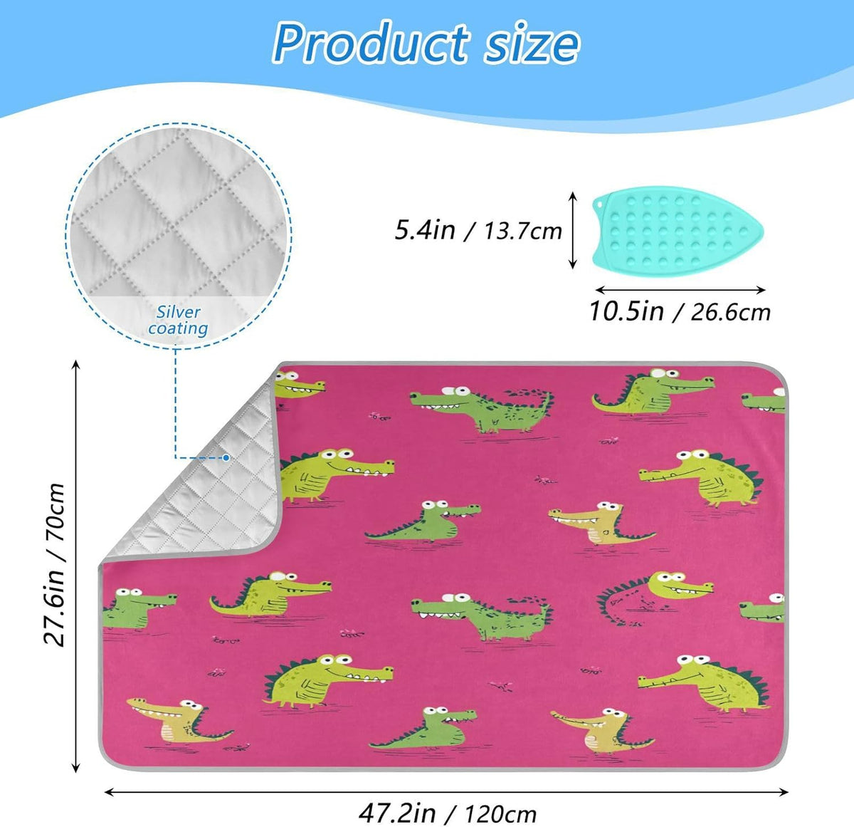 Pink Funny Crocodiles Ironing Mat Thickened Ironing Blanket Travel Portable Double-Side Using Ironing Pad Travel Isolate Heat Pad Cover for Washer Dryer Table Top Countertop 27.6x47.2in