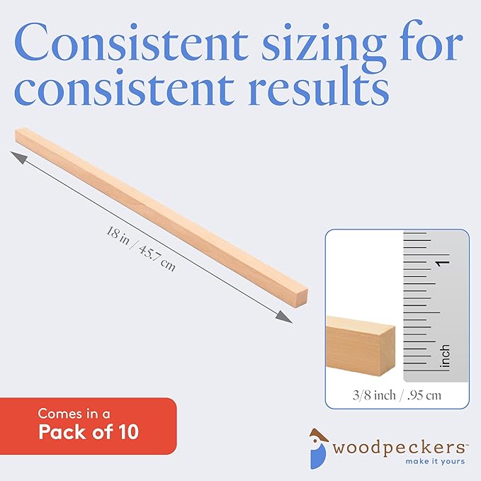 Wood Square Dowel Rods, 3/8-inch x 18-inch, Pack of 10 Wooden Craft Sticks for Crafts and Woodworking, by Woodpeckers