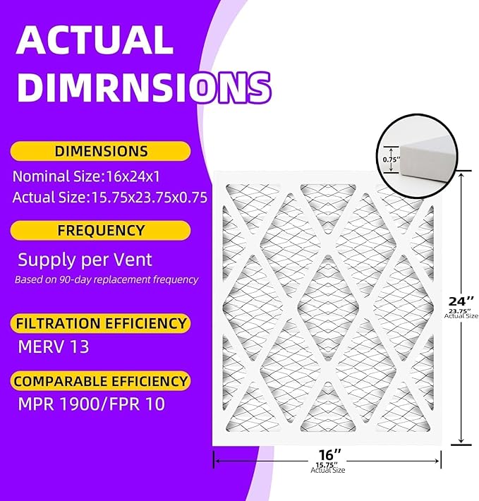 16x24x1 MERV 13 (6-Pack) Pleated Air Filter (Actual Size: 15.75"x23.75"x0.75") MPR 1900 & FPR 10, Furnace Air Filters,16x24x1 air filter