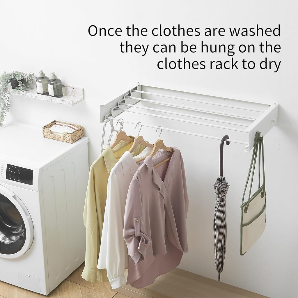 Clothes Drying Rack,Laundry Hanging Rack Collapsible,Wall Mounted Drying Rack for Laundry,Foldable Drying Rack Indoor Outdoor,31.5" Wide,5 Aluminum Rods with Hooks, 60 lb Capacity (White 31.5" Hooks)