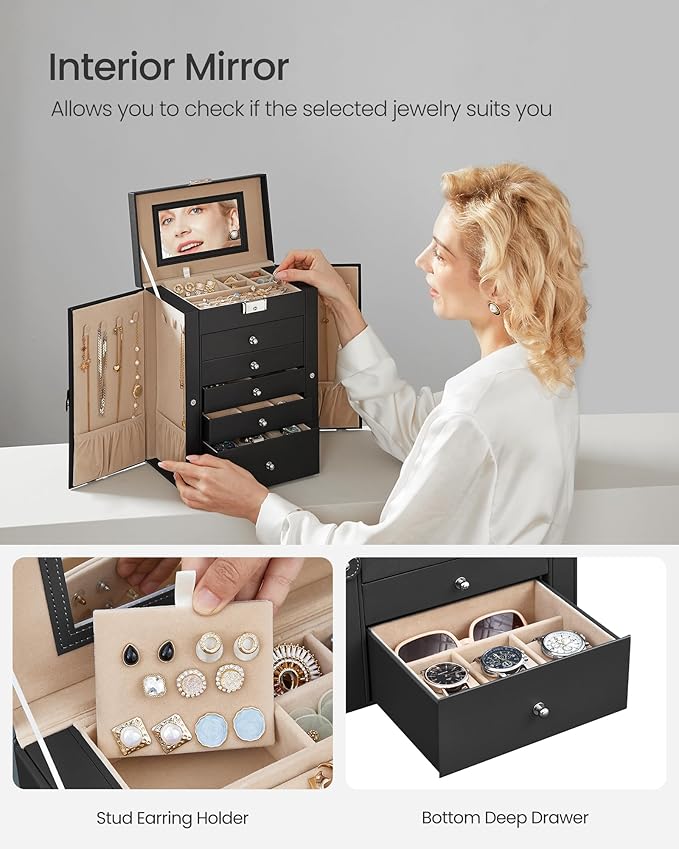 SONGMICS 6 Tier Jewelry Box, Jewelry Storage Organizer with 5 Drawers, Large Storage Capacity, with Mirror, Lockable, Jewelry Case, Gift for Loved Ones, For Watches, Black UJBC152B01