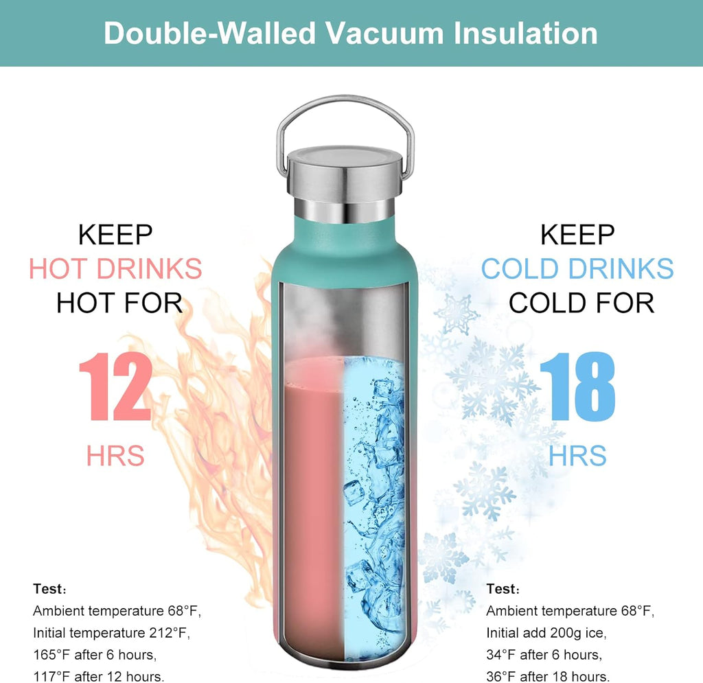 Neihepal 20 oz Insulated Water Bottles Bulk 2 Pack,Stainless Steel Double Wall Sport Bottle with Lid of Handle,Metal Reusable Thermoses Flask for School,Cyclists,Hikers,Gift (Assorted,Set of 2)