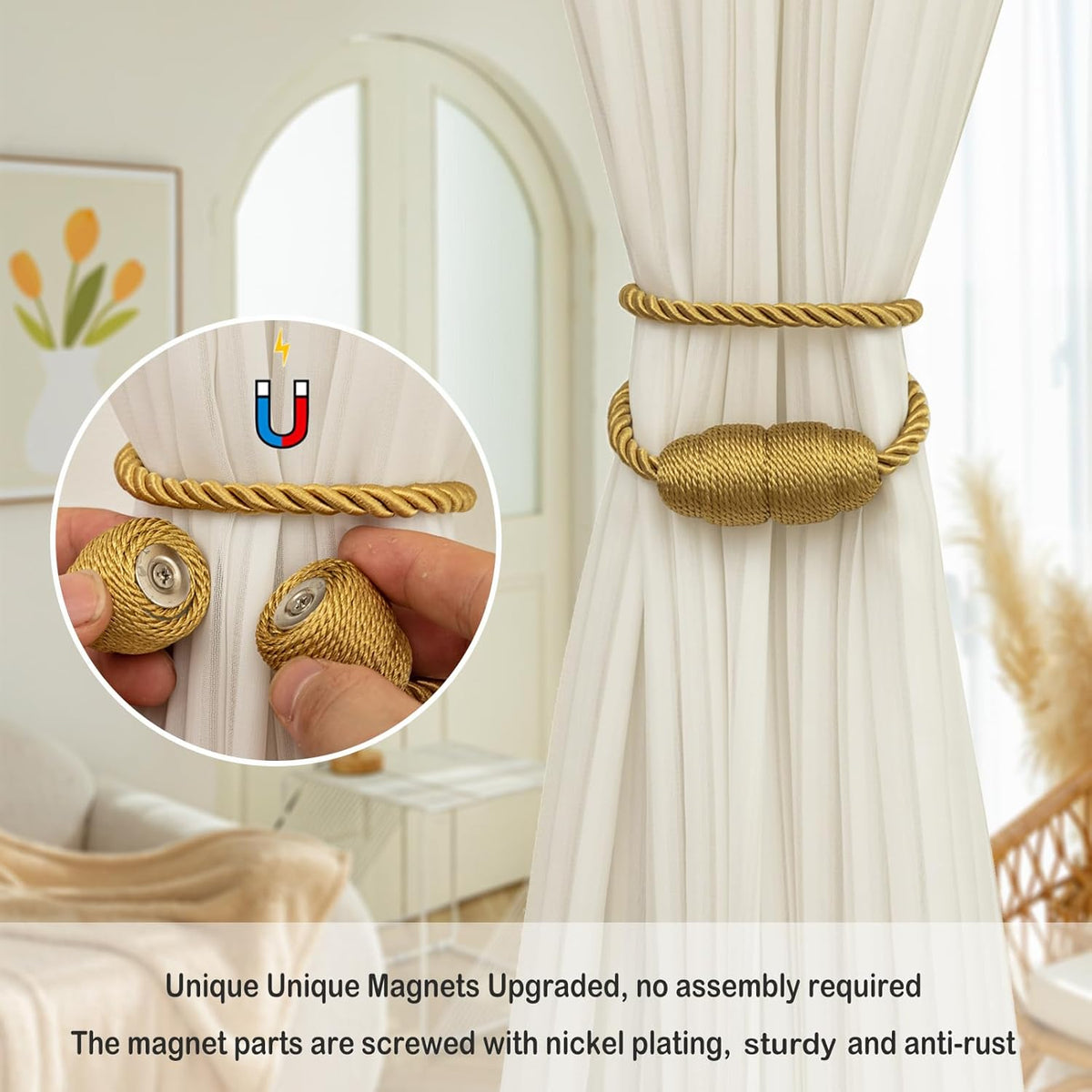 Magnetic Curtain Tiebacks Rope Curtain Tie Backs for Curtains 8 Pack Curtain Holders for Drapes Decorative Window Curtain Holdbacks, Gold