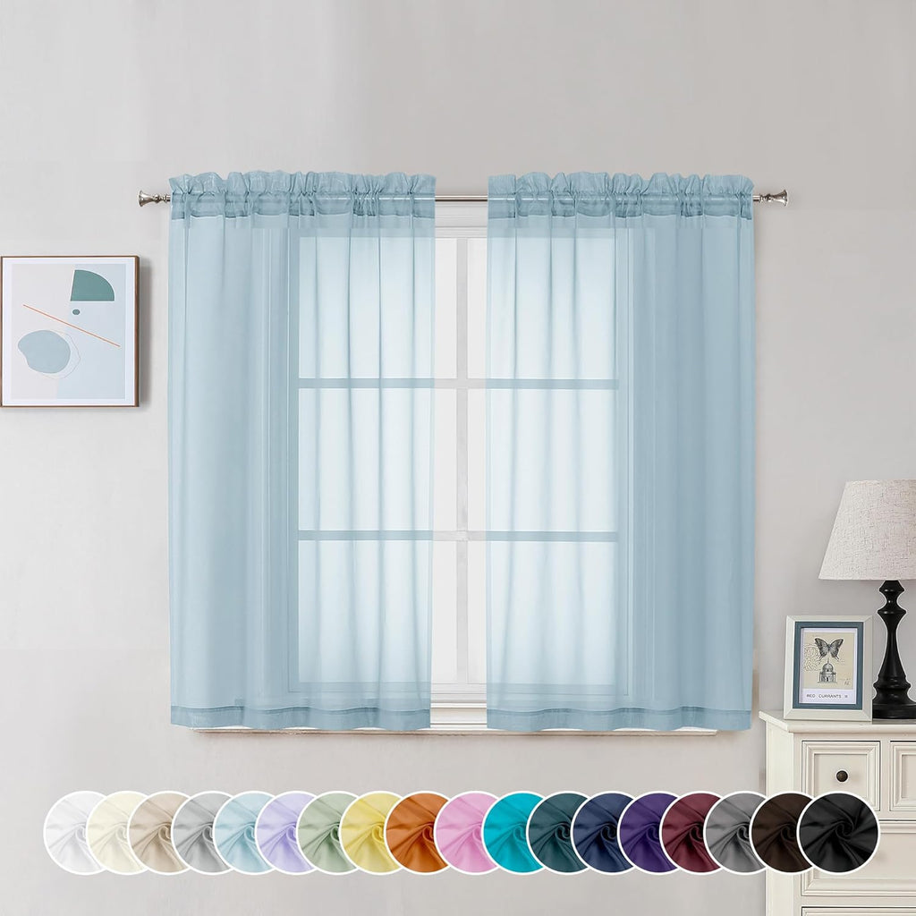 Chyhomenyc Sky Blue Sheer Curtains 45 Inch Long 2 Panels, Light Filtering Rod Pocket Voile Short Curtains Drapes for Living Room Bedroom Small Windows, 42Wx45L Inches