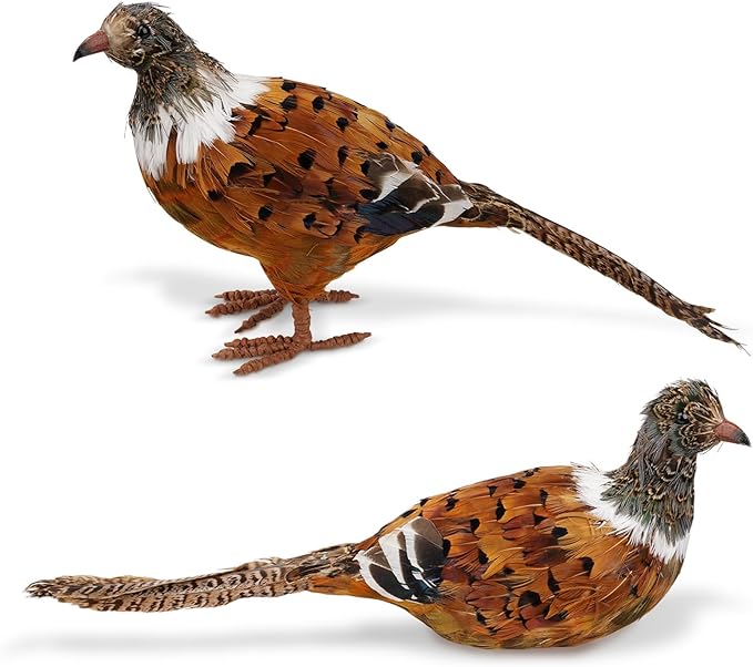naturevibe Feathered Pheasant Decor Set of 2,Simulation Woodland Animals Figurines with Natural Pheasant Feathers as Fall Home Decor or Gifts for Autumn Harvest Festival
