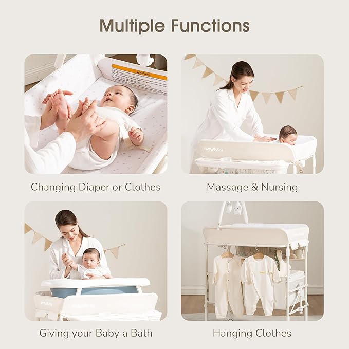 Baby Changing Table with Wheels, Maydolly Portable Foldable Changing Table, Waterproof Diaper Changing Station, Adjustable Height Changing Station, Mobile Nursery for Newborn and Infant (Beige)