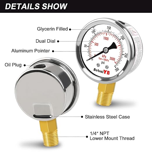 0-300 PSI Heavy-Duty Pressure Gauge, 2-Inch, Glycerin-Filled, Stainless Steel, 1/4" NPT Lower Mount, Shock-Resistant, Waterproof Pressure Meter for Oil Systems, Water Pumps, HVAC Applications