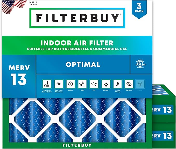 Filterbuy 20x20x4 Air Filter MERV 13 Optimal Smoke & Allergy Defense (3-Pack), Electrostatic Pleated HVAC AC Furnace Filters Replacement, Made in USA (Actual Size: 19.50 x 19.50 x 3.63)