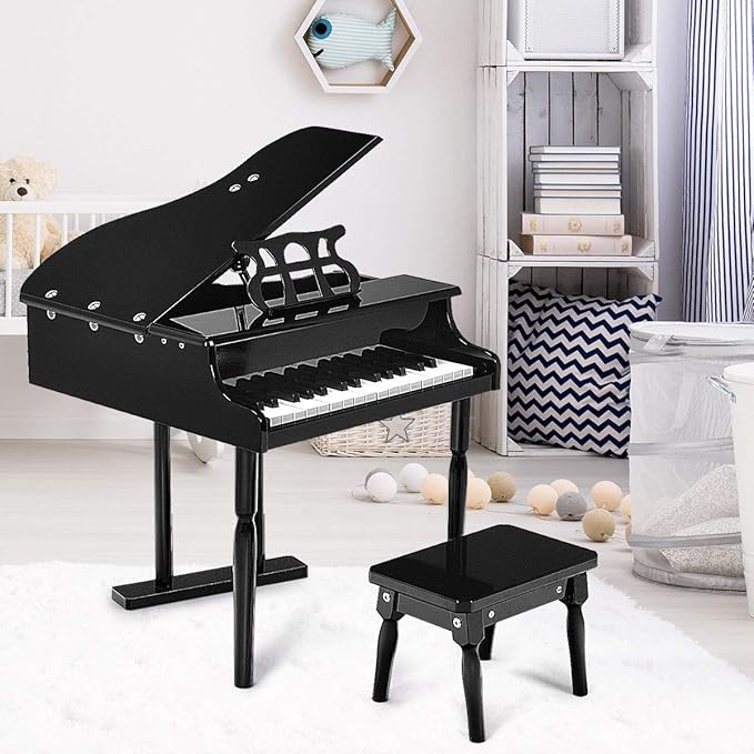 Goplus 30-Key Classical Kids Piano, Mini Grand Piano Wooden Learn-to-Play Musical Instrument Toy with Bench, Piano Lid, Music Rack, Gift for Boys Girls Aged 2+ Baby Tollder(3 Straight Leg-Black)