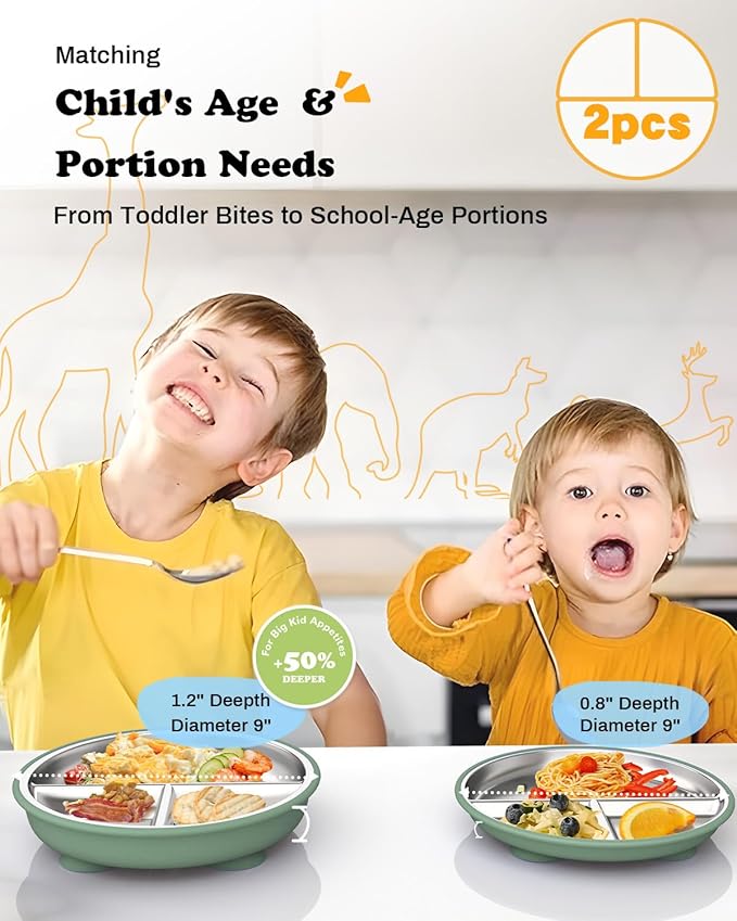 Stainless Steel Toddler Suction Plate with Lid, Deeper 9" Divided Plates with Removable Silicone Sleeves for Kids, Non Toxic & BPA Free | Unbreakable Baby Snack Dishes Set of 2, Green & Purple