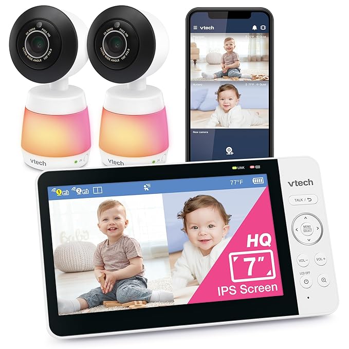 VTech 2-Cameras Smart WiFi Baby Monitor with 1080p FHD Video, Free App with Motion Video, Sound/Motion Detection and Notifications, 7" IPS Display with Split-Screen, Pan-Tilt-Zoom: Smart HQ Max Twin