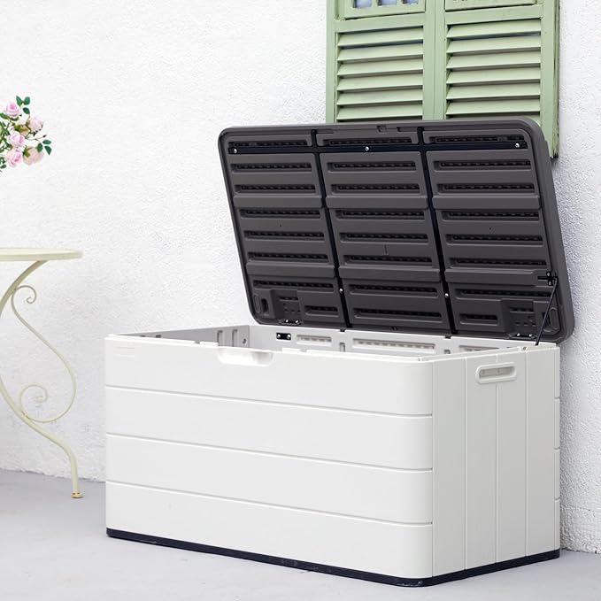 110 Gallon Deck Box Waterproof,Double-Wall Resin Outdoor Storage Boxes, Deck Storage for boat slip storage,Cushions, Pool Float, Garden Tools,Patio Furniture, Lockable (OFF-WHITE)